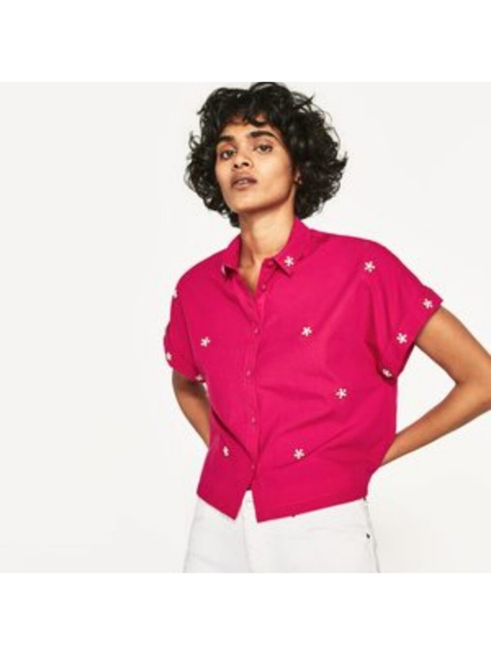 Zara pink short-sleeved beaded button up shirt